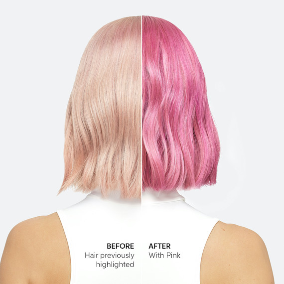 Before and after showing model’s platinum blonde hair turning pink with the Color Fresh Mask.