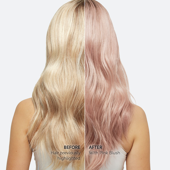 Before and after showing model’s platinum blonde hair turning pastel pink with the Color Fresh Mask.