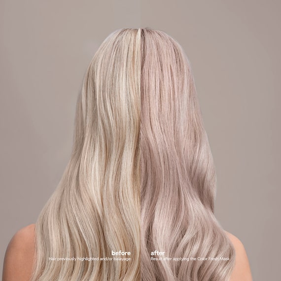 Back of model’s head showing before and after hair has been treated to the Color Fresh Mask in Pearl Blonde.