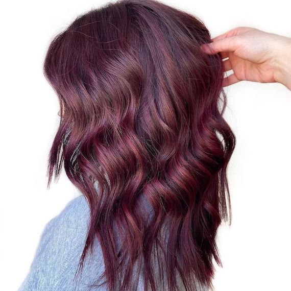 A person with burgundy plum brown hair faces away from the camera to show her newly coloured hair