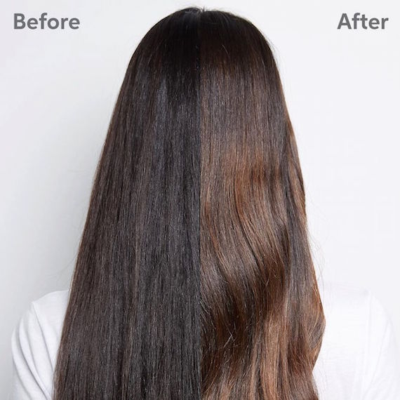 Photo of the back of a woman’s head before and after a Wella Professionals color correction.