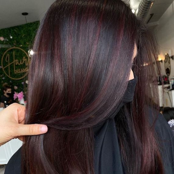 Side profile of model with dark brown hair and red purple highlights.