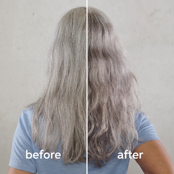 Back of woman’s head showing a ‘before and after’ of the Silver Glow by True Grey treatment.