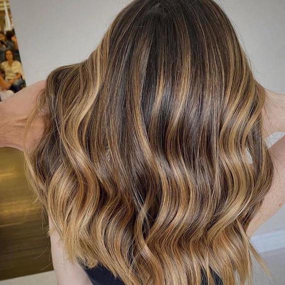 Back of woman’s head with long, wavy brown hair and warm blonde twilights, created using Wella Professionals.