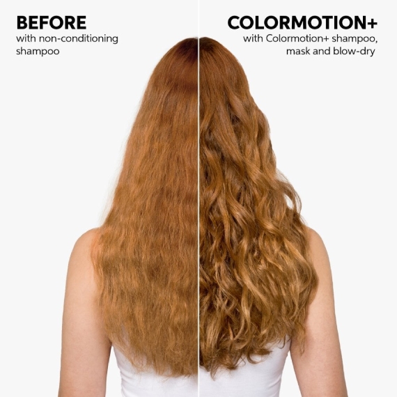Before and after showing model’s dull red hair looking brighter and glossier after using ColorMotion+.