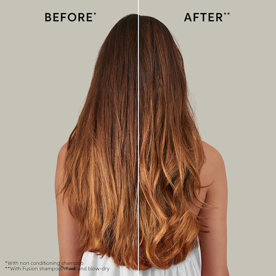 Before and after showing model’s long, light brown hair looking healthier after using Fusion Shampoo and Mask.