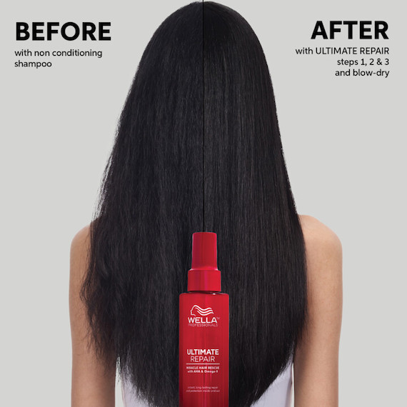 Before and after showing model’s long, dark brown hair looking healthier after using ULTIMATE REPAIR.