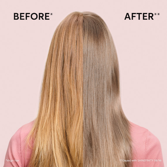 Before and after showing model’s long, blonde hair appearing cooler and shinier after a SHINEFINITY Color Glaze.