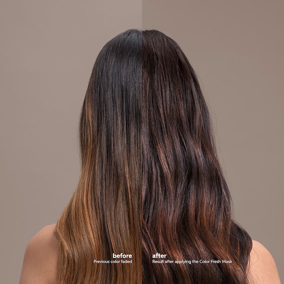 Before and after showing model’s long, brown hair look richer after using Color Fresh Mask in Chocolate Touch.