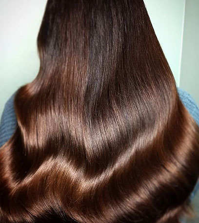 Back of woman’s head with long, glossy bourbon brown hair created using Wella Professionals