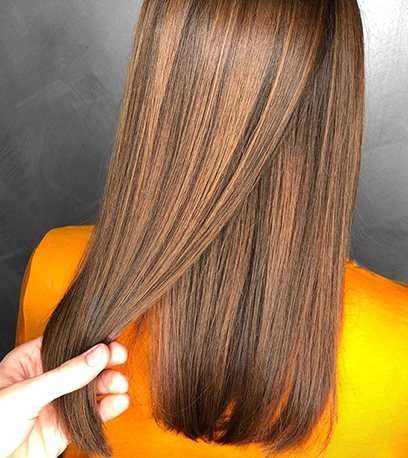 Back of woman’s head with straight, caramel brown hair, created using Wella Professionals.